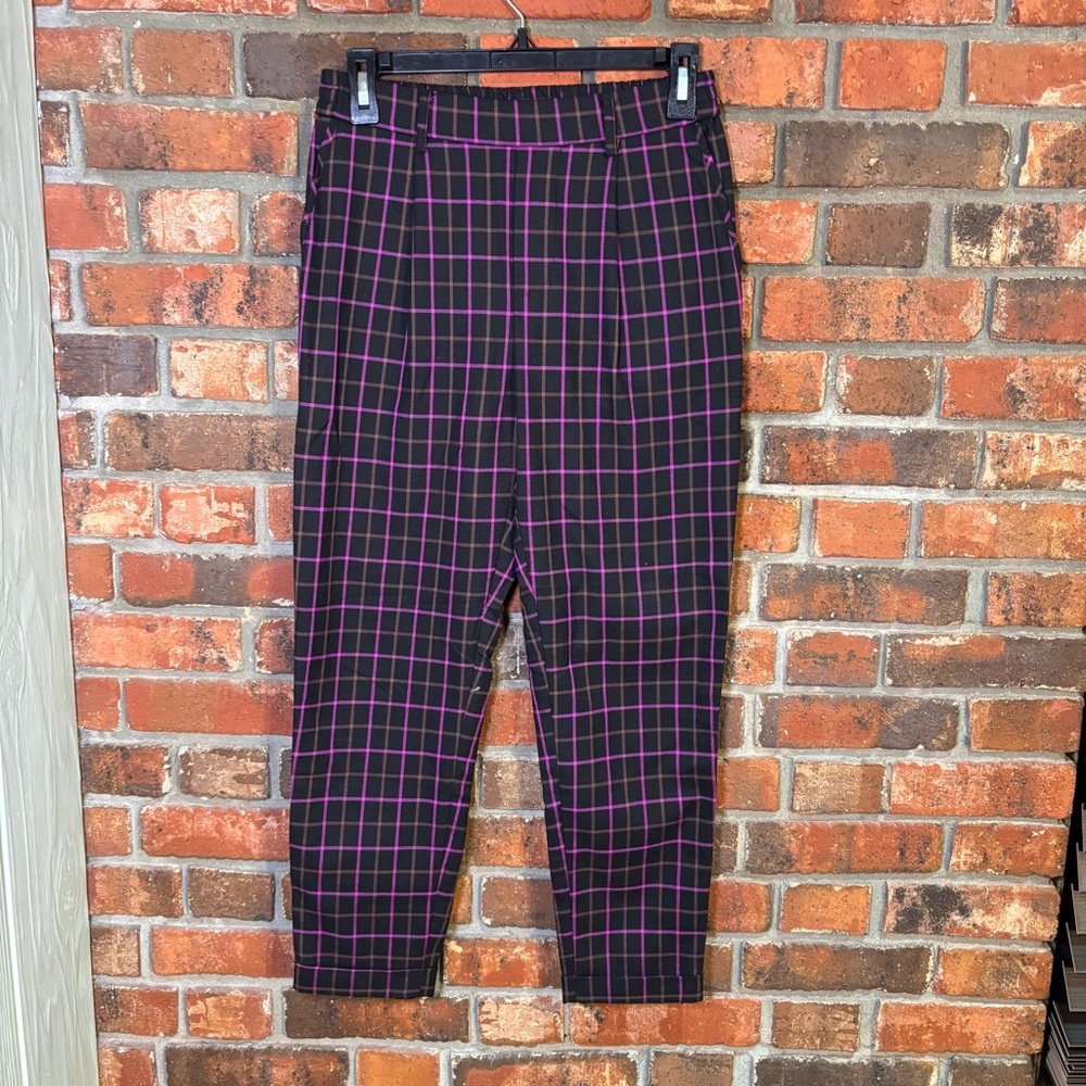 Twins made in Italy womens plaid high waist tapered pants purple/black S